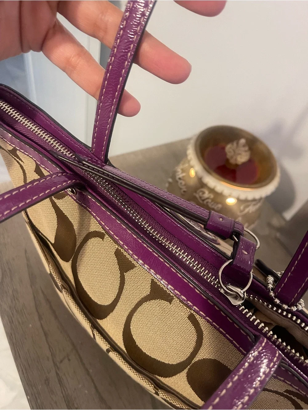 Coach Canvas Tote with Purple Trim and Tan Signature Print - Picture 5 of 9